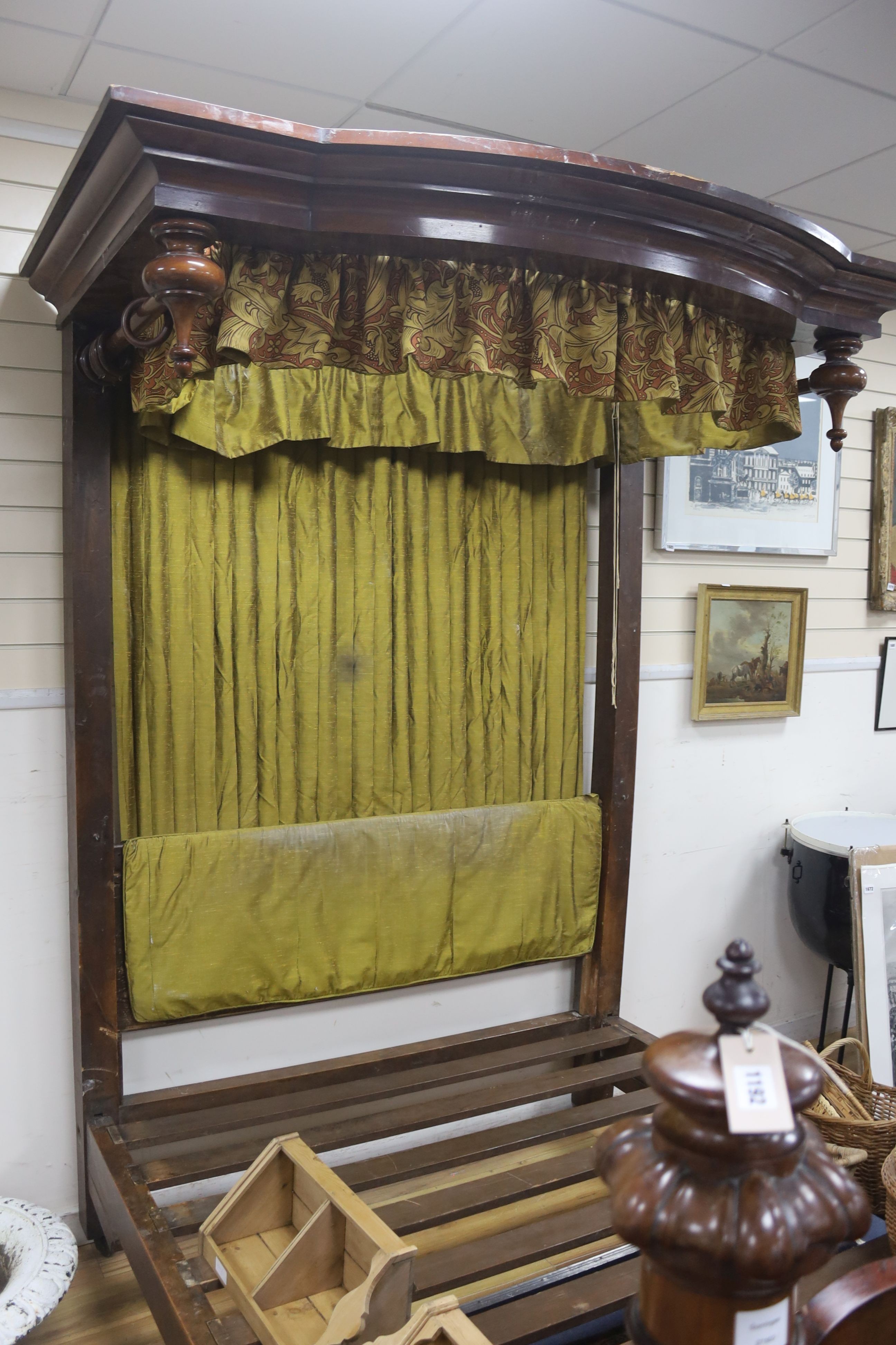 A Victorian mahogany half tester bed, length 220cm, width 150cm, height 223cm